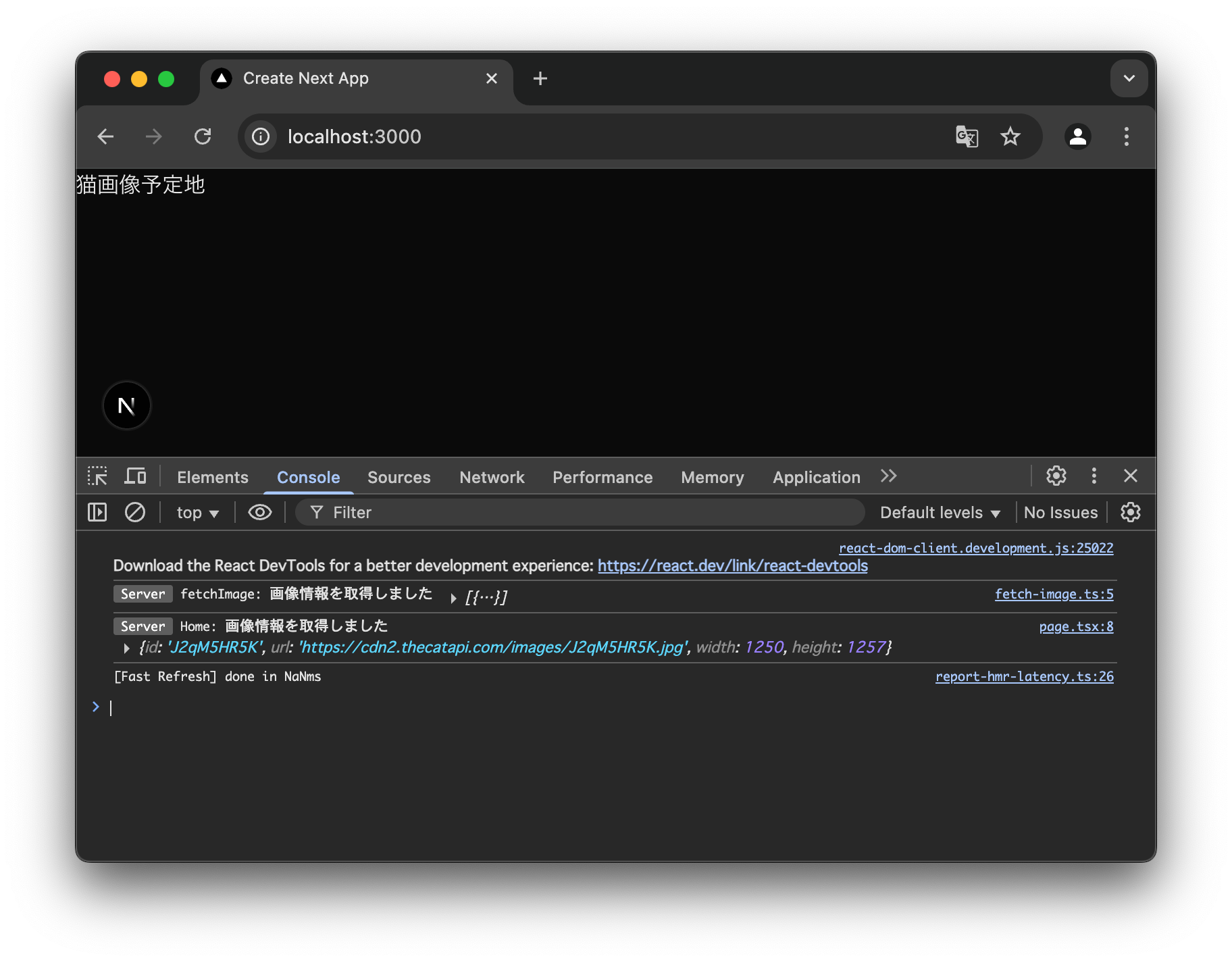 Màn hình ứng dụng Next.js. Phía trên hiển thị "Vị trí dành cho ảnh mèo", nửa dưới mở Chrome DevTools console, output log chứa URL và size của ảnh mèo