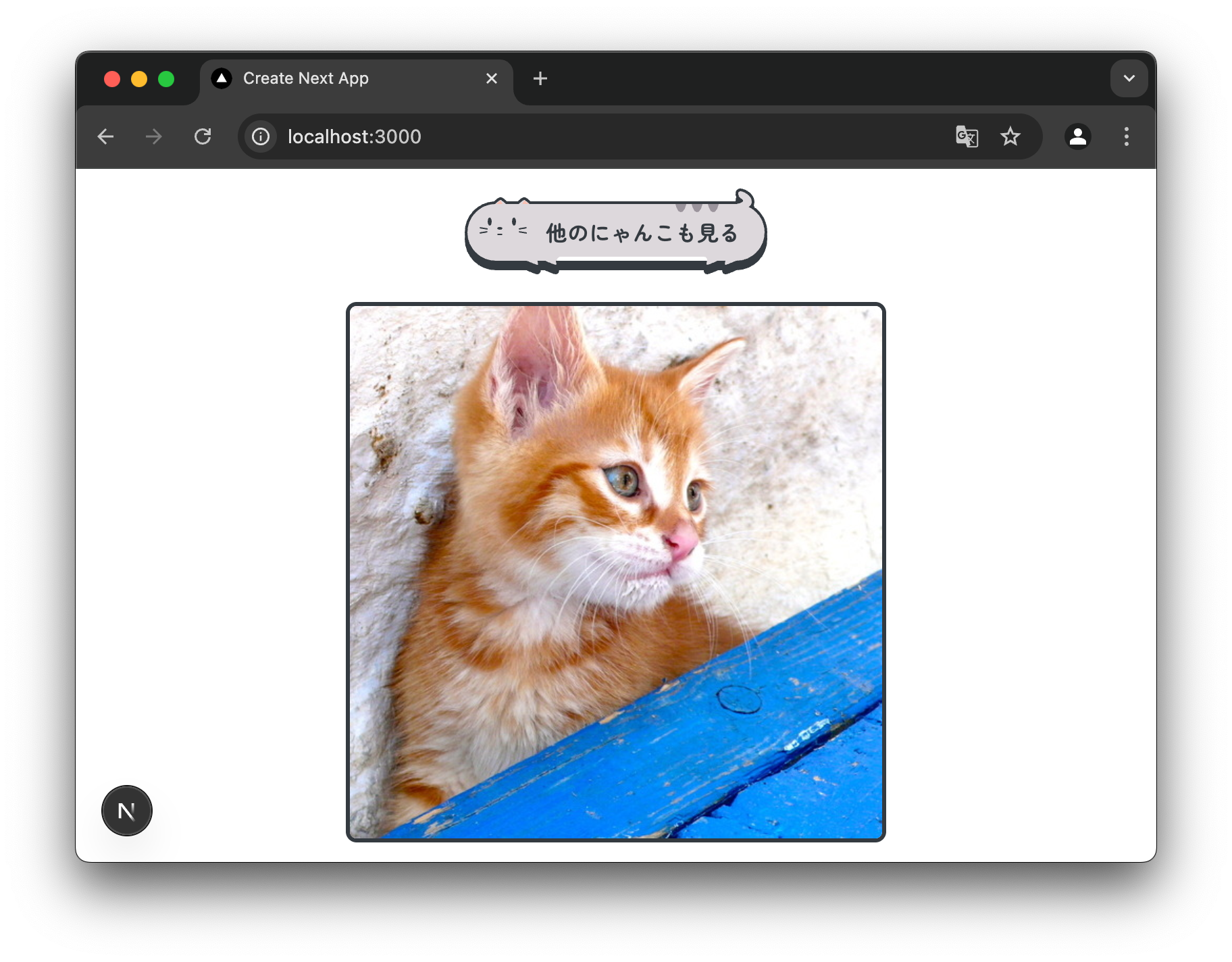 Preview design cuối cùng của ứng dụng Next.js. Ở giữa trang nền trắng có ảnh mèo con lông vàng được bao bởi khung đen, phía trên có button kiểu bong bóng "Xem mèo khác"