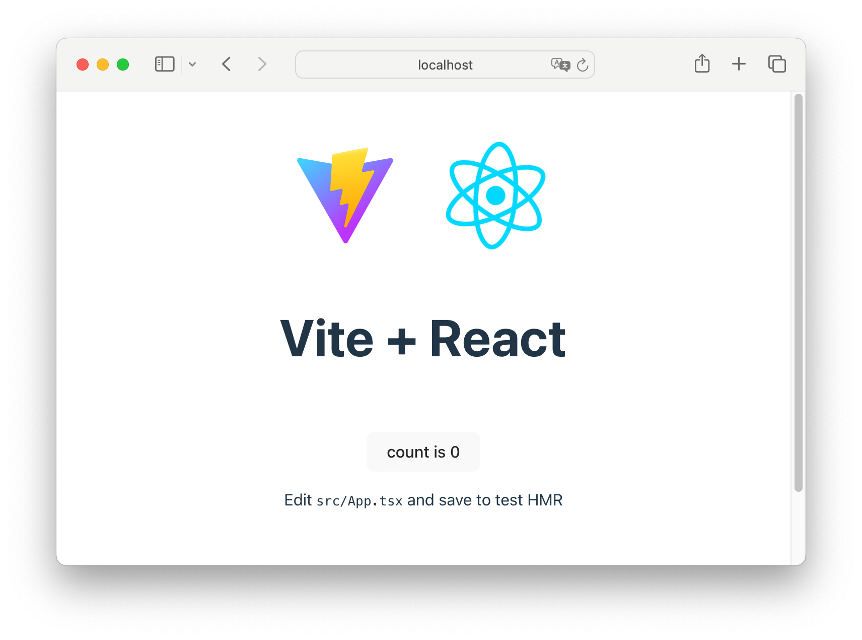 Trang starter Vite + React với logo Vite và React hiển thị, count là 0