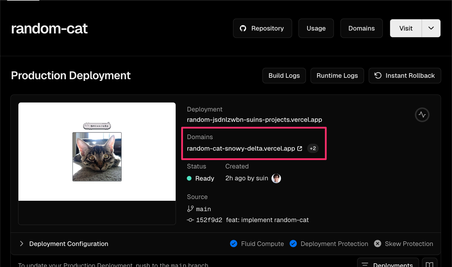 Thông tin production deploy của project "random-cat" hiển thị trên dashboard Vercel. Ở giữa có nút "Xem mèo khác" và ảnh mèo, bên phải hiển thị chi tiết như URL deploy và status "Ready".
