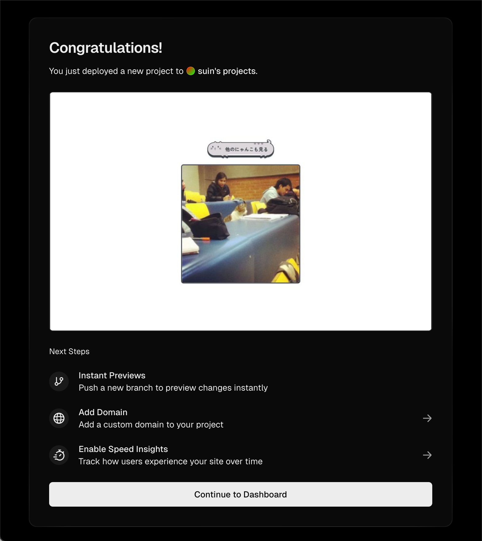 Màn hình hoàn tất deploy của Vercel, cùng với message thông báo deploy project mới thành công, ở giữa hiển thị app hiển thị ảnh mèo với nút "Xem mèo khác".