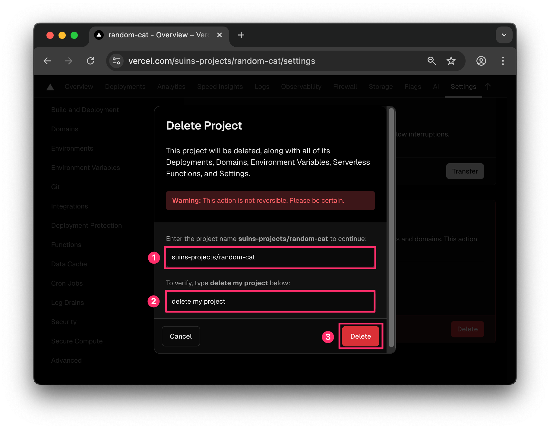 Dialog xóa project Vercel, tên project và text "delete my project" được nhập vào 2 ô input để xác nhận xóa, nút "Delete" được highlight.