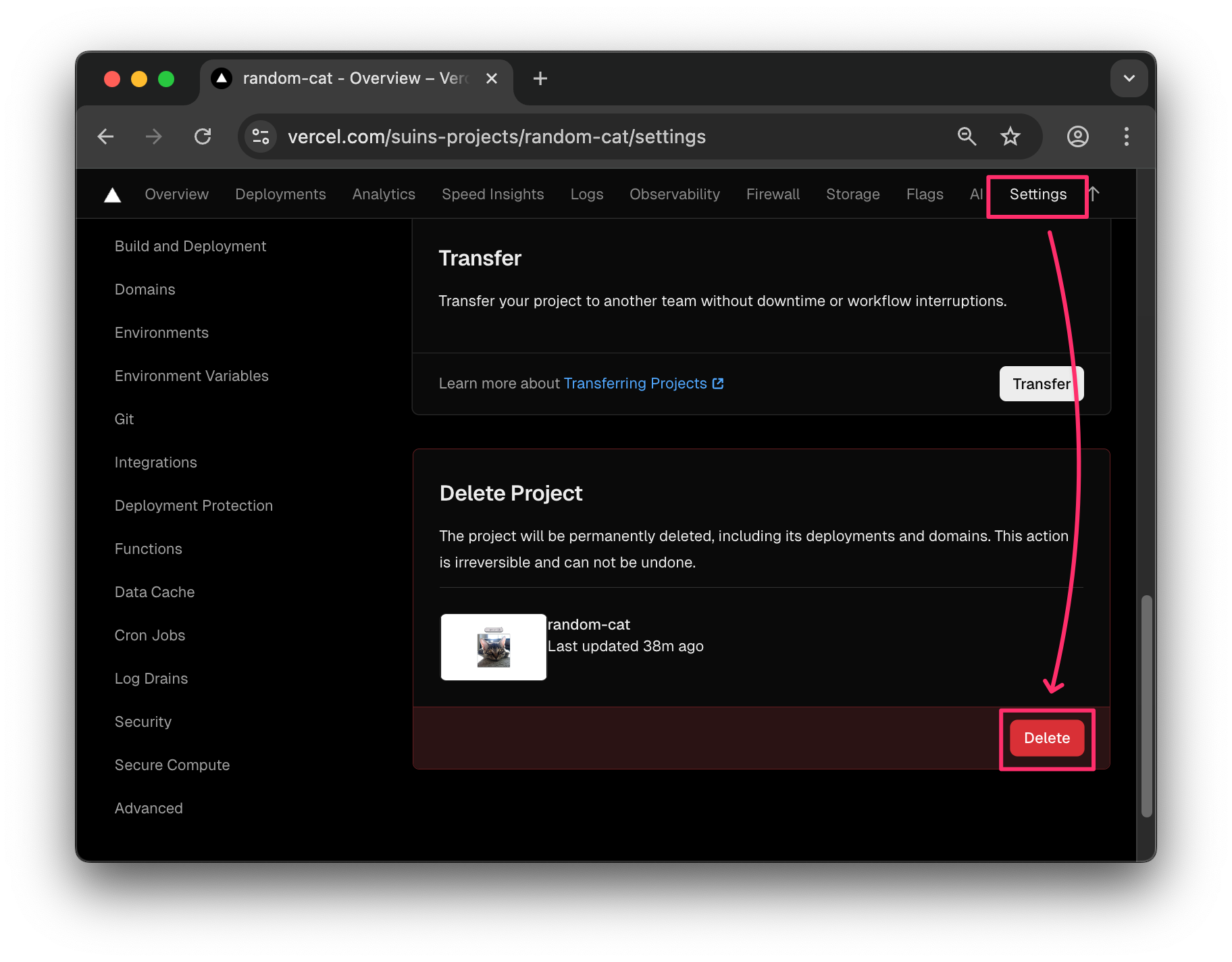 Màn hình settings project Vercel, hiển thị section xóa project "random-cat", nút "Delete" màu đỏ được highlight. Có mũi tên chú thích cho thấy được truy cập từ tab "Settings" ở trên.