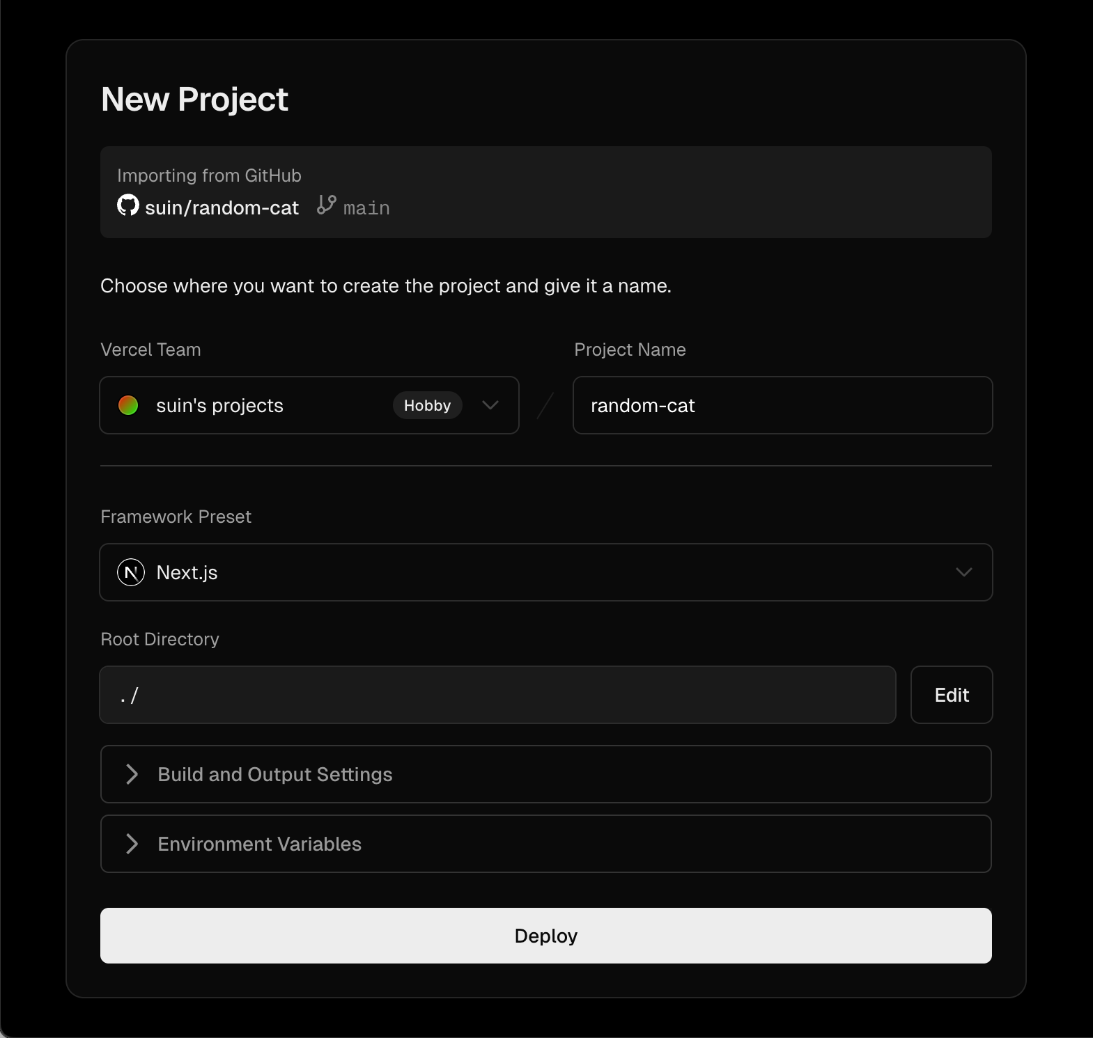Màn hình tạo project mới của Vercel, GitHub repository "random-cat" được chọn, preset Next.js được set. Tên project và root directory được tự động điền, nút "Deploy" hiển thị.